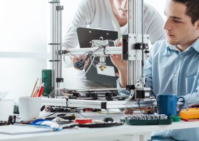 Engineering students using an innovative 3d printer in the laboratory